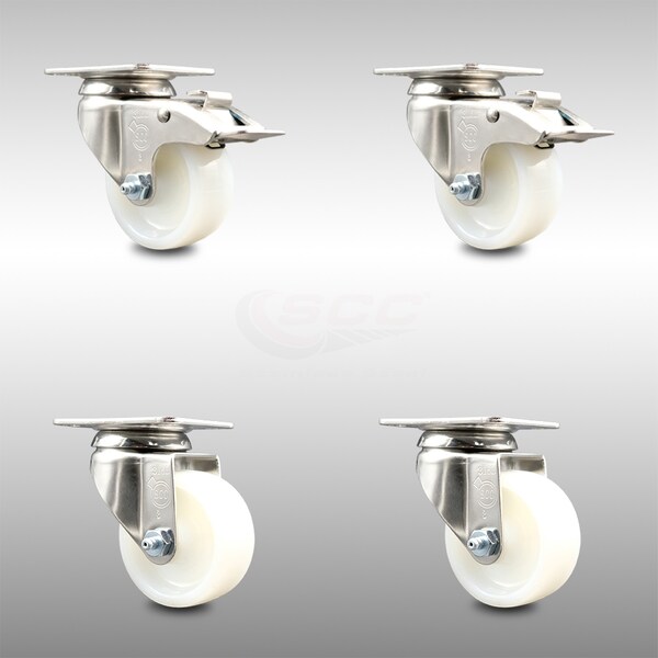 3 Inch 316SS Nylon Wheel Swivel Top Plate Caster Lock Brakes SCC, 2PK